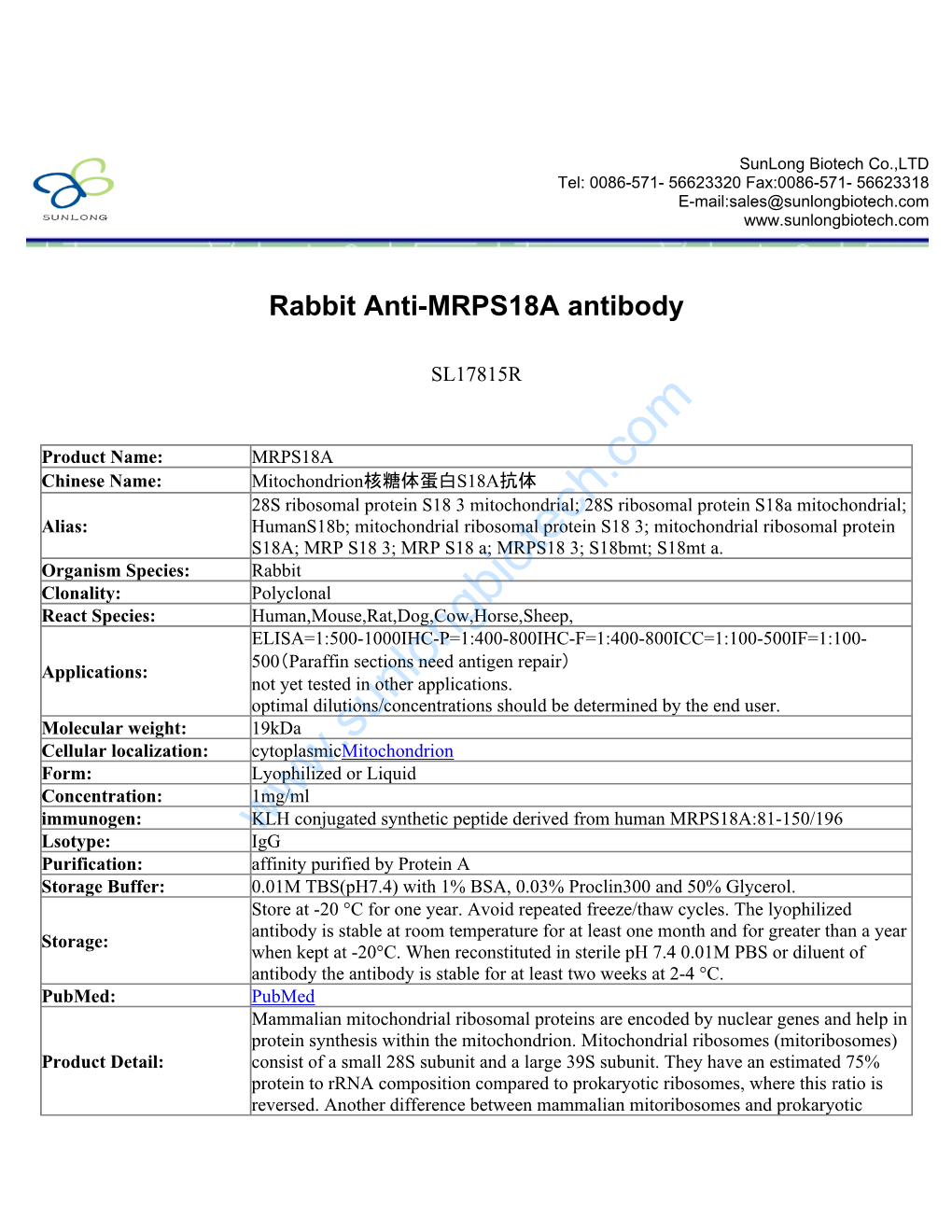 Rabbit Anti-MRPS18A Antibody-SL17815R