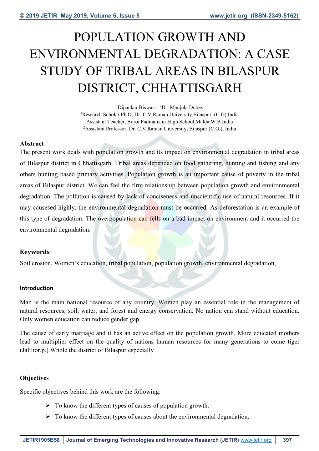 Population Growth and Environmental Degradation: a Case Study of Tribal Areas in Bilaspur District, Chhattisgarh