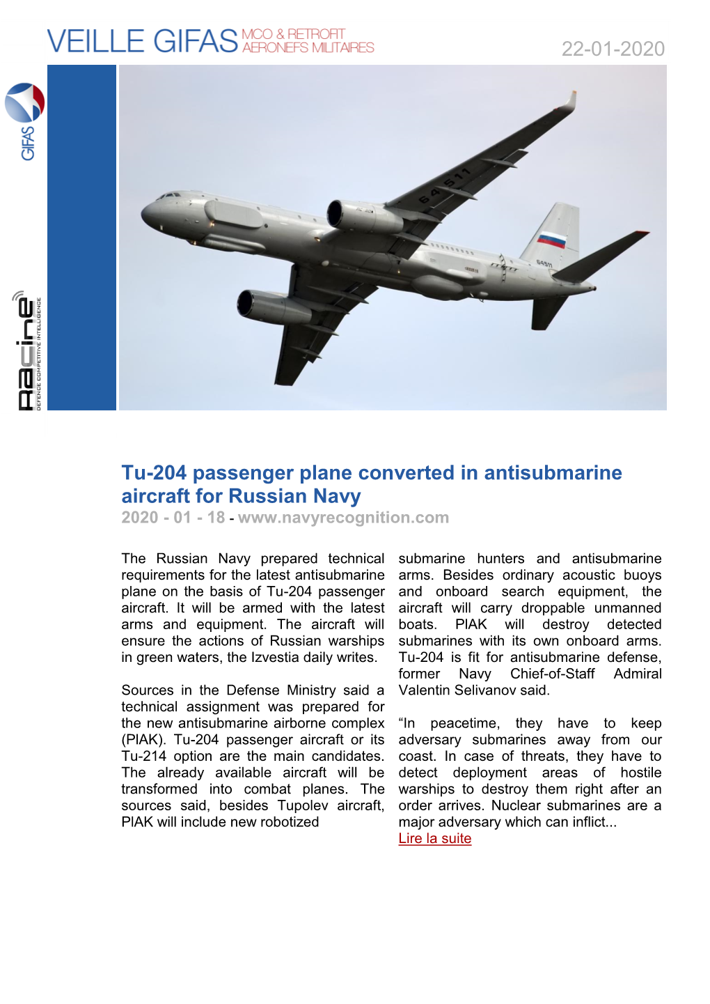 22-01-2020 Tu-204 Passenger Plane Converted in Antisubmarine Aircraft