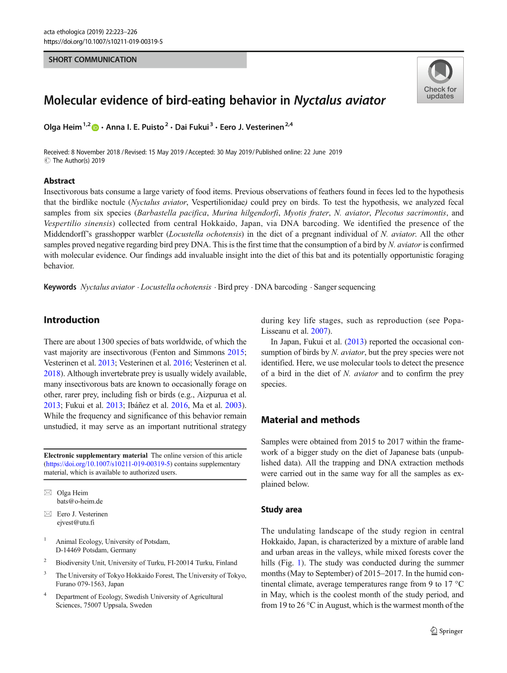 Molecular Evidence of Bird-Eating Behavior in Nyctalus Aviator