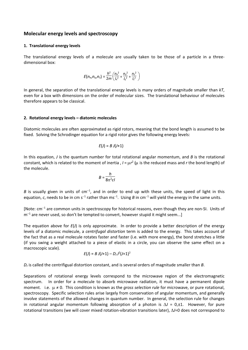 Molecular Energy Levels and Spectroscopy