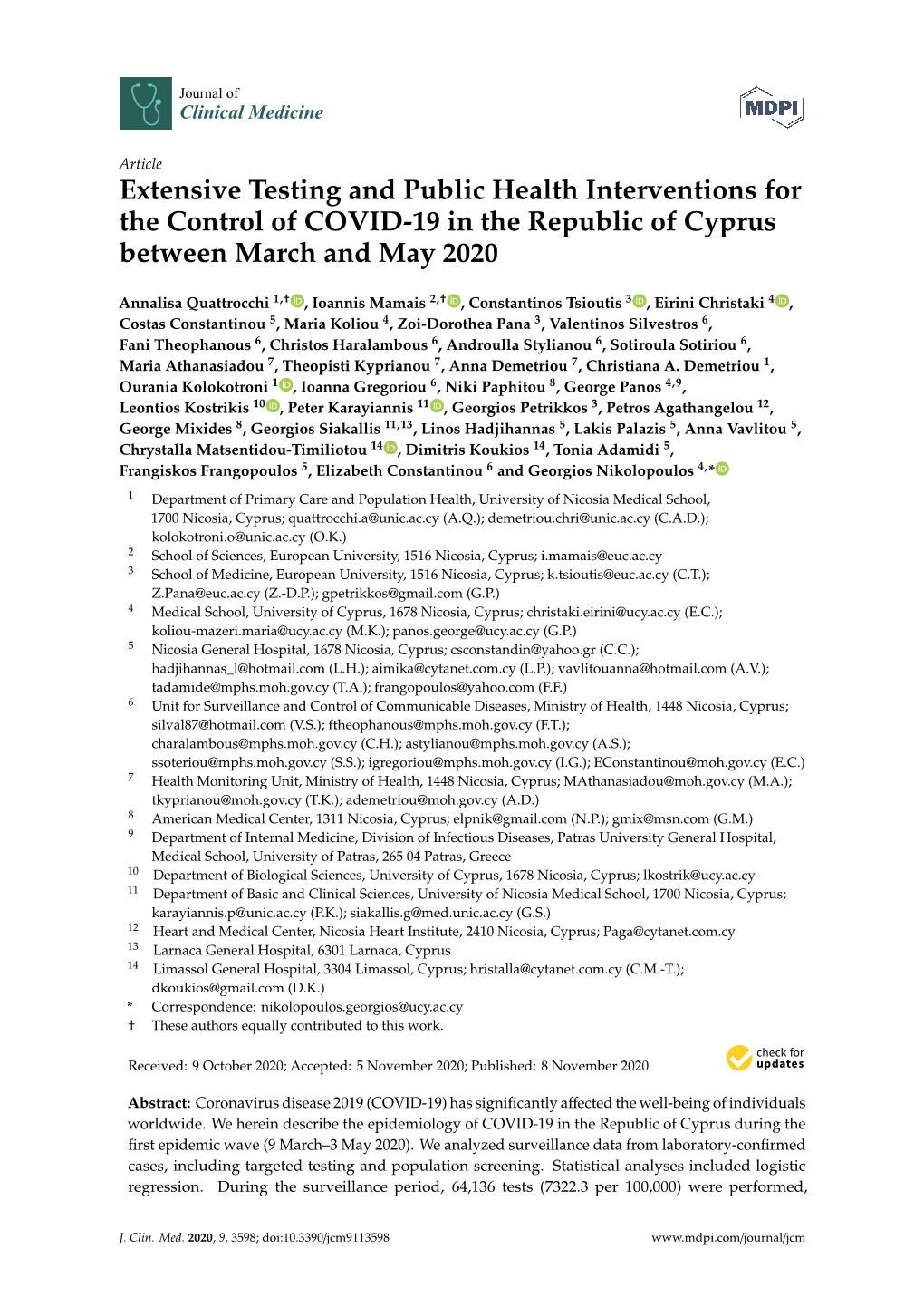 Extensive Testing and Public Health Interventions for the Control of COVID-19 in the Republic of Cyprus Between March and May 2020