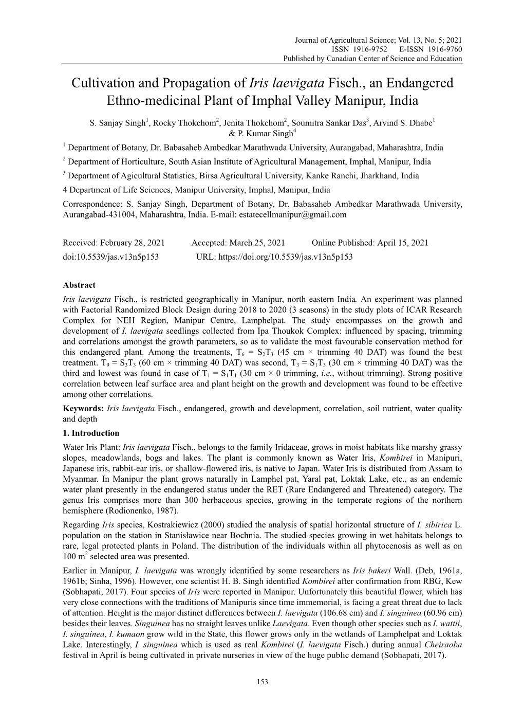 Cultivation and Propagation of Iris Laevigata Fisch., an Endangered Ethno-Medicinal Plant of Imphal Valley Manipur, India