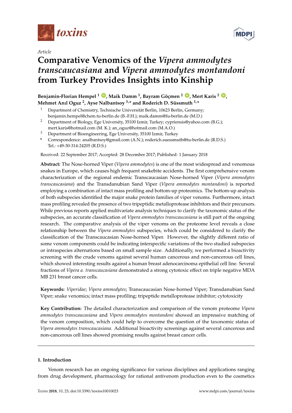 Comparative Venomics of the Vipera Ammodytes Transcaucasiana and Vipera Ammodytes Montandoni from Turkey Provides Insights Into Kinship