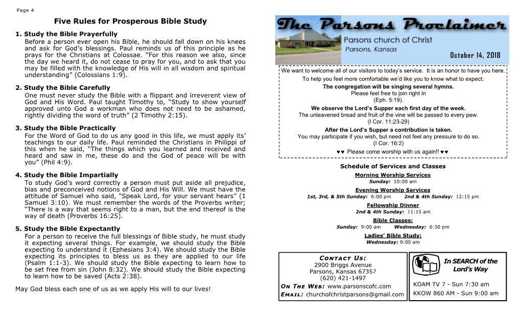 October 14, 2018 Five Rules for Prosperous Bible Study