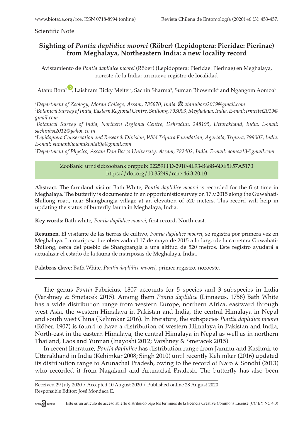 Sighting of Pontia Daplidice Moorei (Röber) (Lepidoptera: Pieridae: Pierinae) from Meghalaya, Northeastern India: a New Locality Record