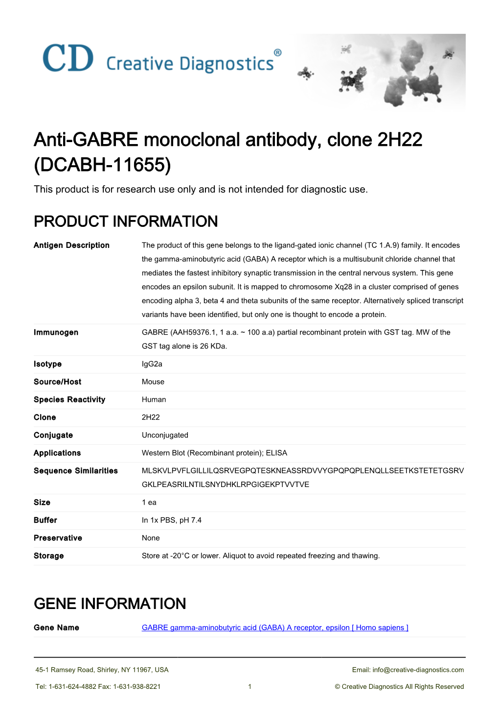 Anti-GABRE Monoclonal Antibody, Clone 2H22 (DCABH-11655) This Product Is for Research Use Only and Is Not Intended for Diagnostic Use