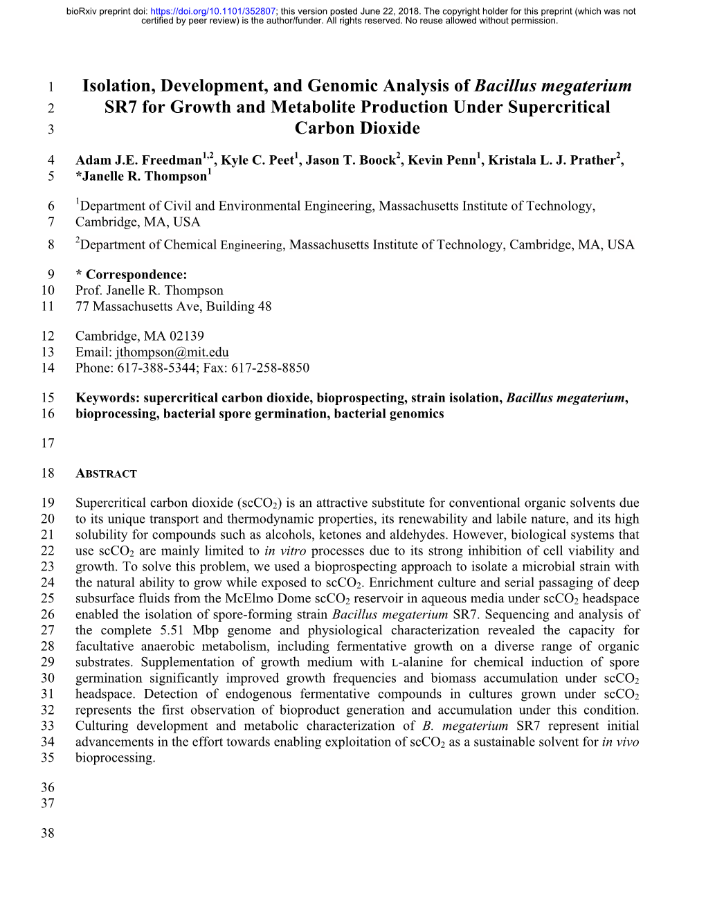 Isolation, Development, and Genomic Analysis of Bacillus Megaterium 2 SR7 for Growth and Metabolite Production Under Supercritical 3 Carbon Dioxide