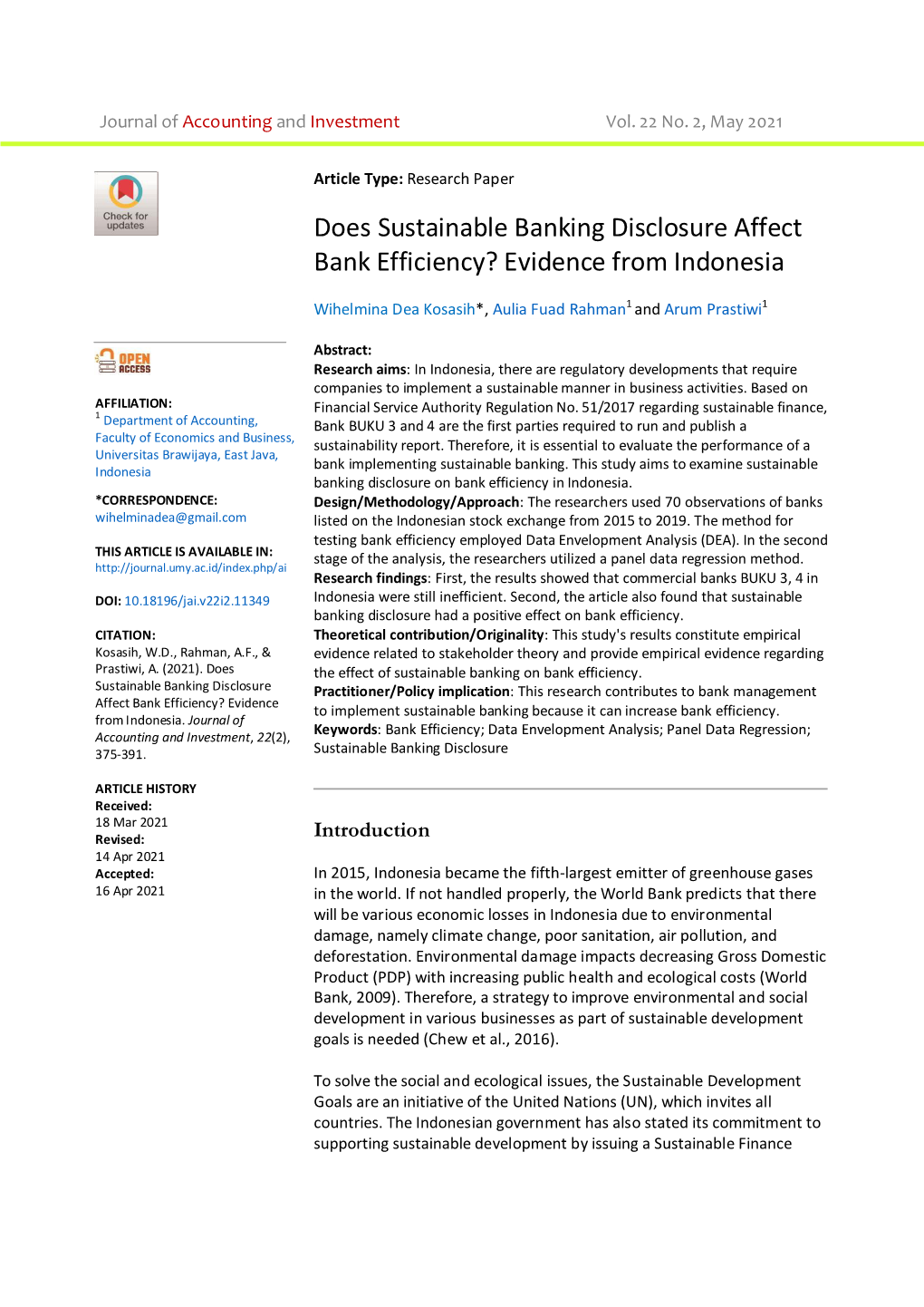 Does Sustainable Banking Disclosure Affect Bank Efficiency? Evidence from Indonesia