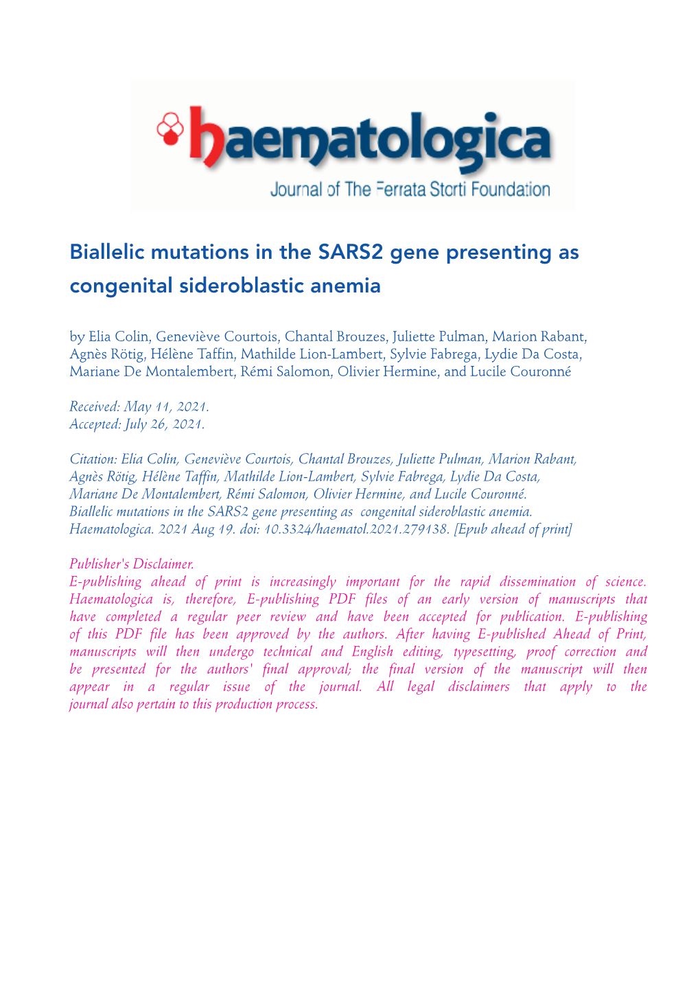 Biallelic Mutations in the SARS2 Gene Presenting As Congenital