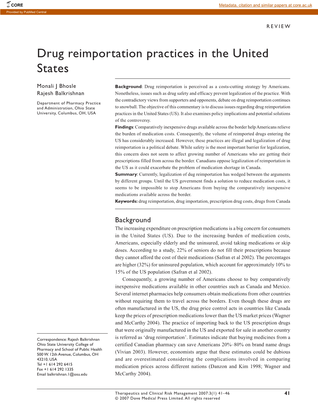 Drug Reimportation Practices in the United States