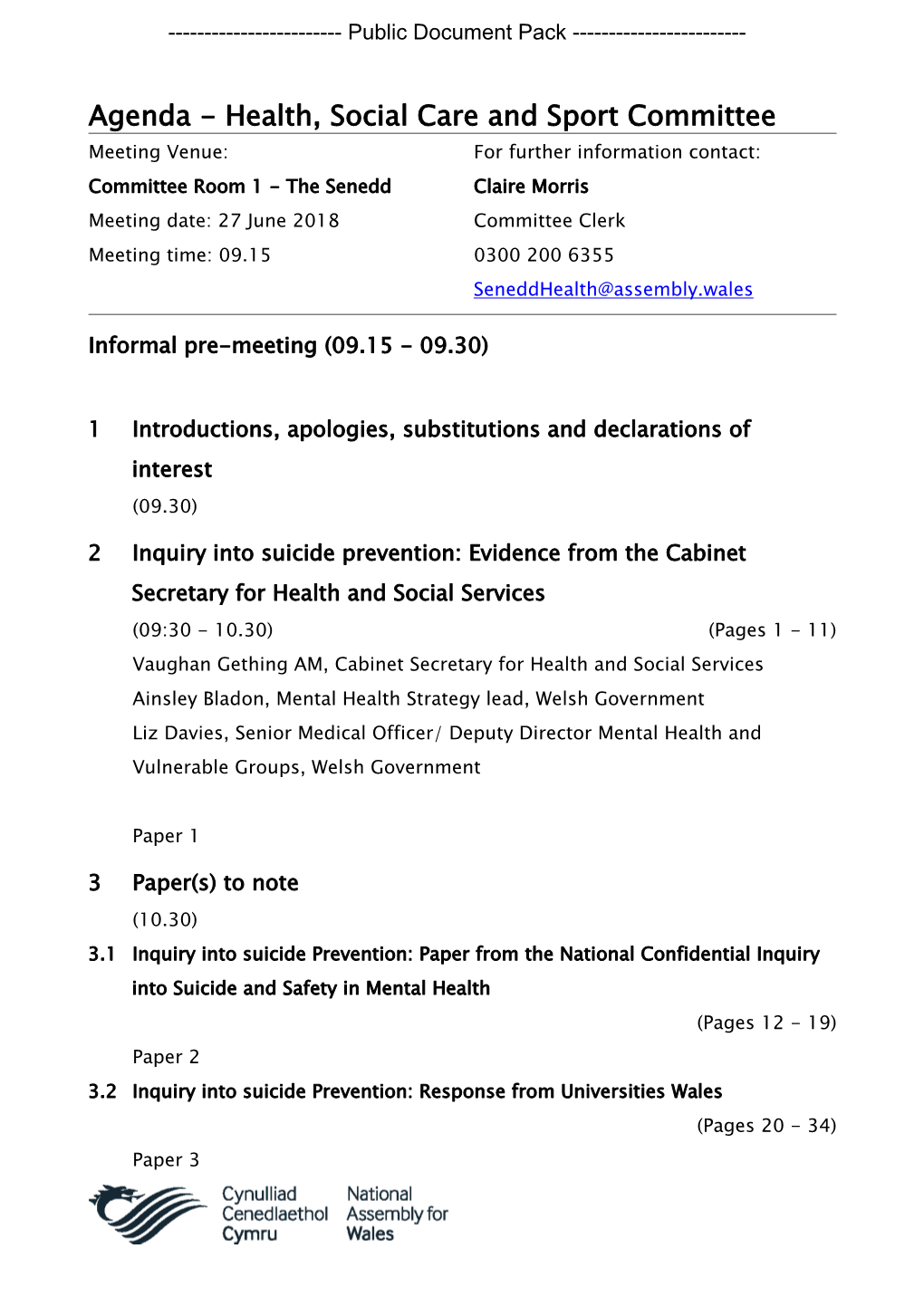 (Public Pack)Agenda Document for Health, Social Care and Sport Committee, 27/06/2018 09:15