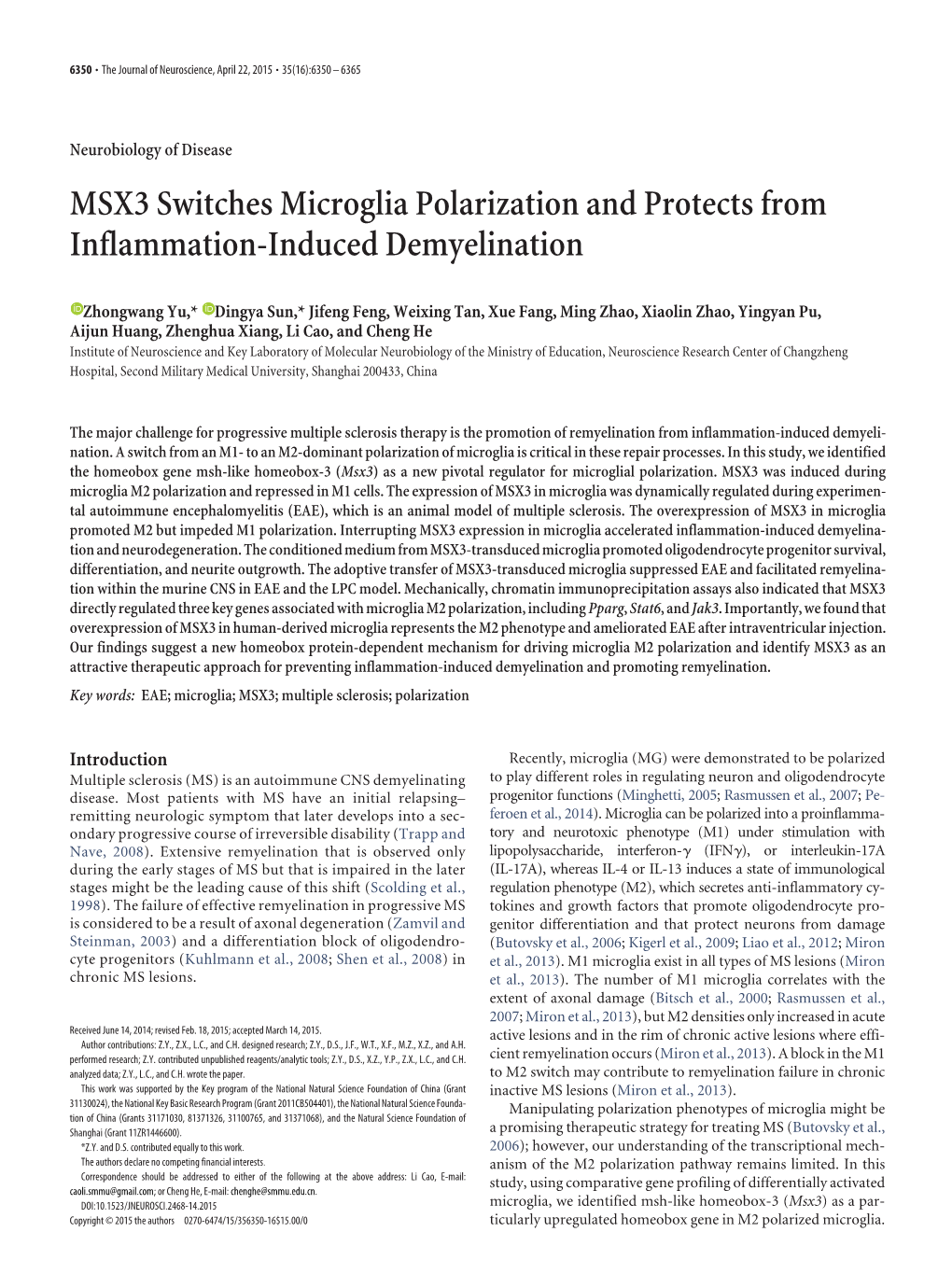 MSX3 Switches Microglia Polarization and Protects from Inflammation-Induced Demyelination