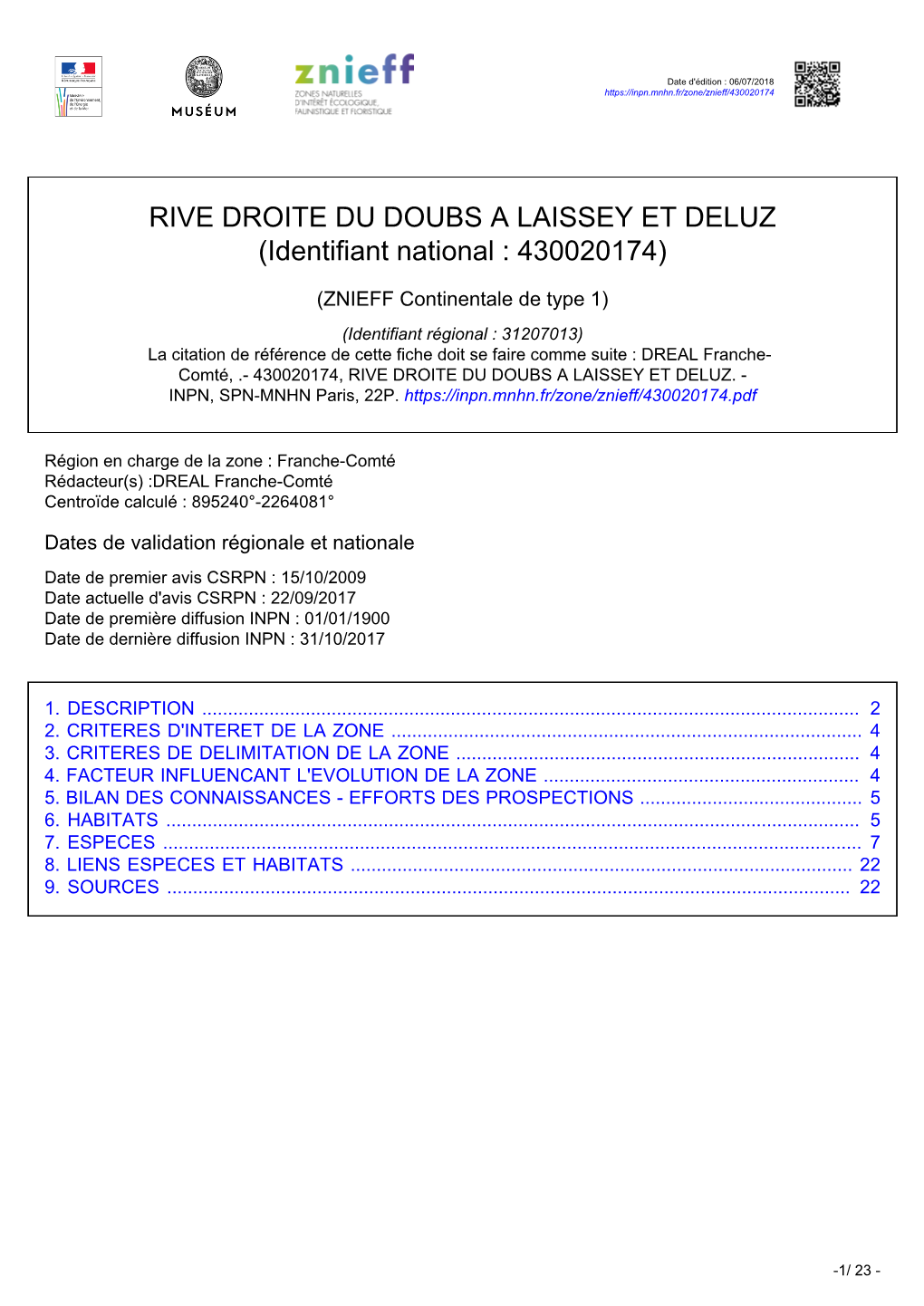 RIVE DROITE DU DOUBS a LAISSEY ET DELUZ (Identifiant National : 430020174)