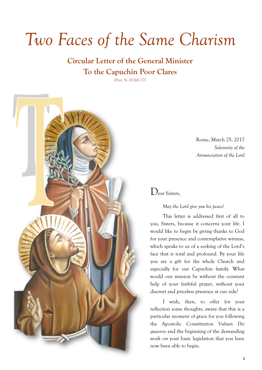 Two Faces of the Same Charism Circular Letter of the General Minister to the Capuchin Poor Clares (Prot