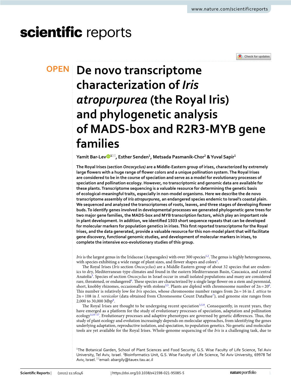 De Novo Transcriptome Characterization of Iris Atropurpurea (The Royal Iris) and Phylogenetic Analysis of MADS-Box and R2R3-MYB