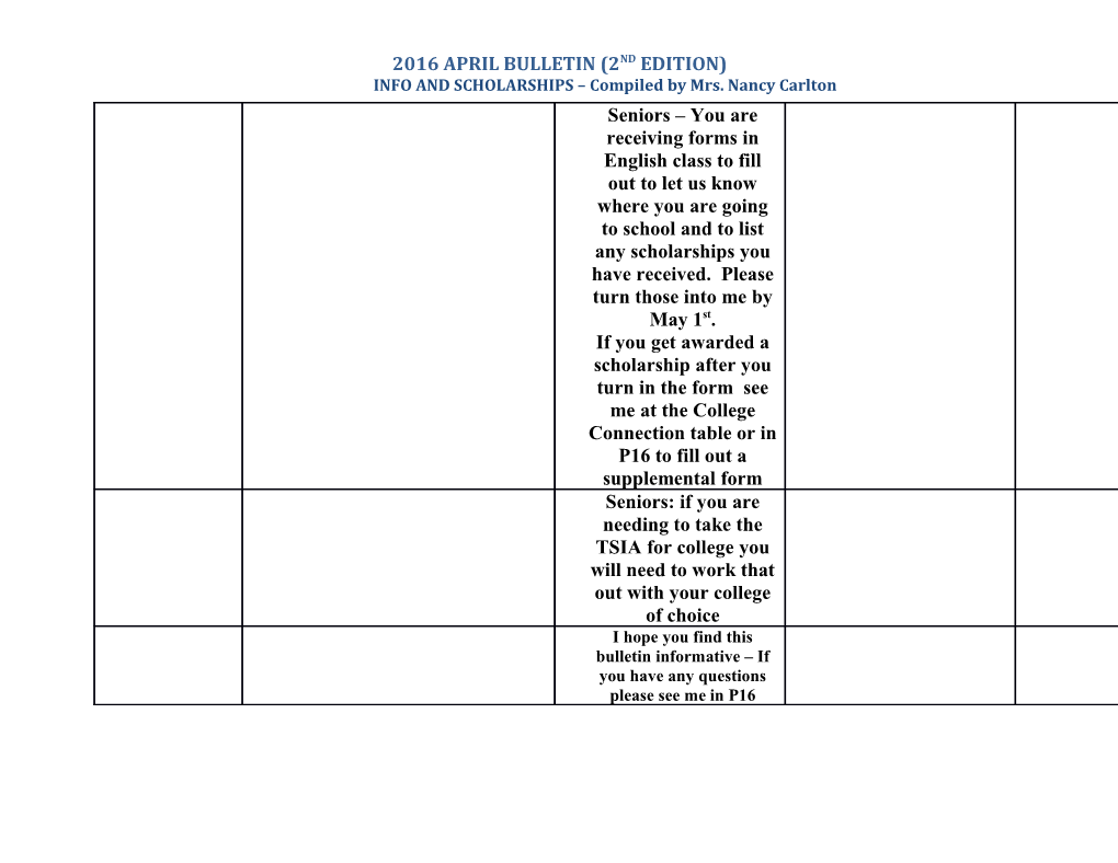 INFO and SCHOLARSHIPS Compiled by Mrs. Nancy Carlton