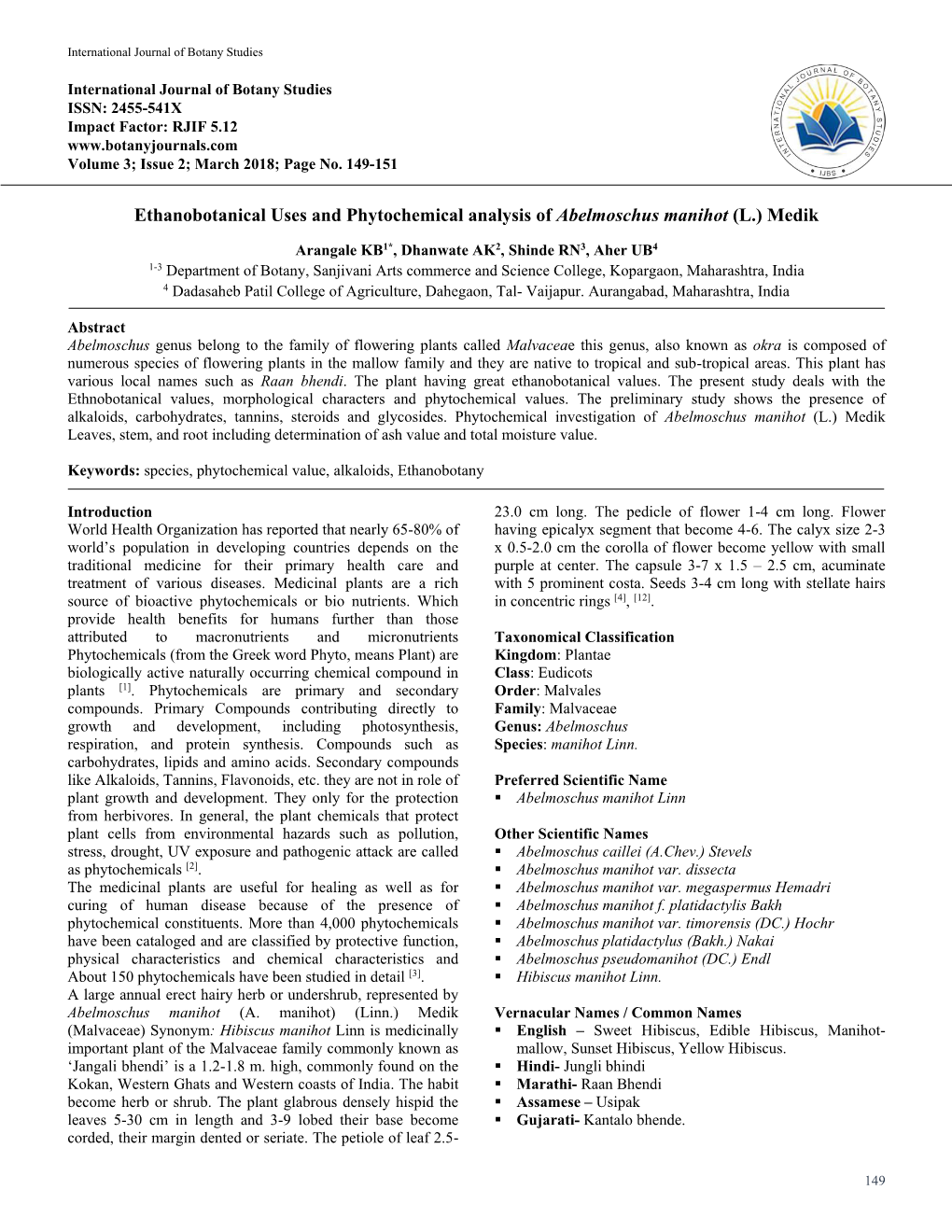 Ethanobotanical Uses and Phytochemical Analysis of Abelmoschus Manihot (L.) Medik