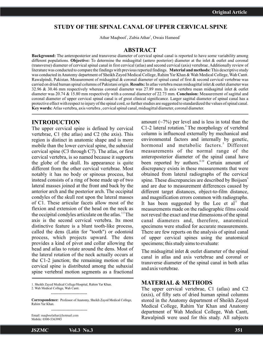 Study of the Spinal Canal of Upper Cervical Spine Abstract Introduction Material & Methods