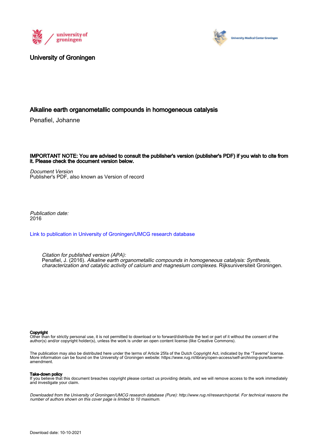 University of Groningen Alkaline Earth Organometallic Compounds In