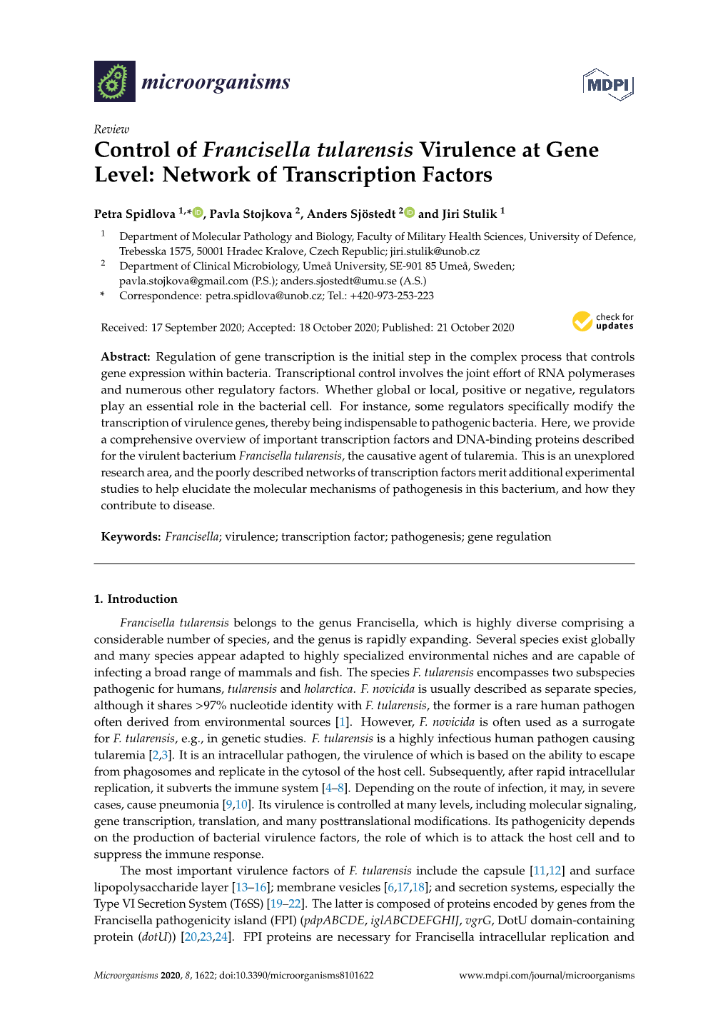 Control of Francisella Tularensis Virulence at Gene Level: Network of Transcription Factors