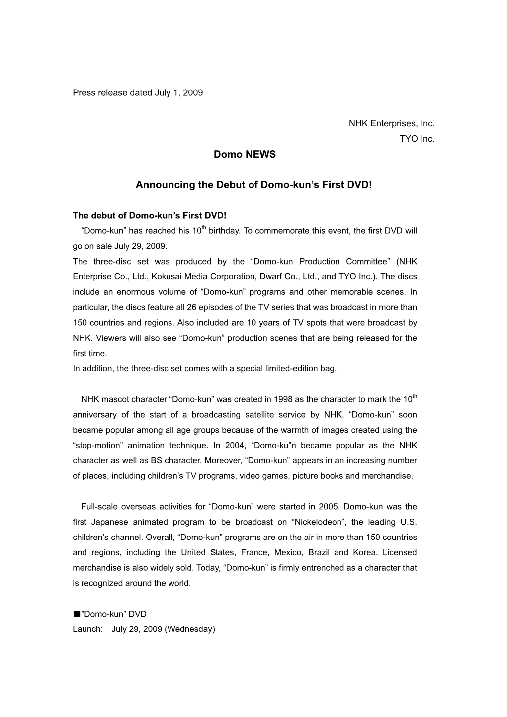 Press Release Dated July 1, 2009