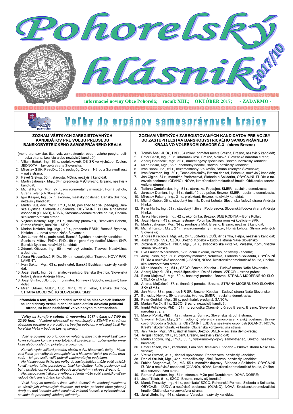 Pohorelský Hlásnik – Informačné Noviny Obce Pohorelá; Reg.Č