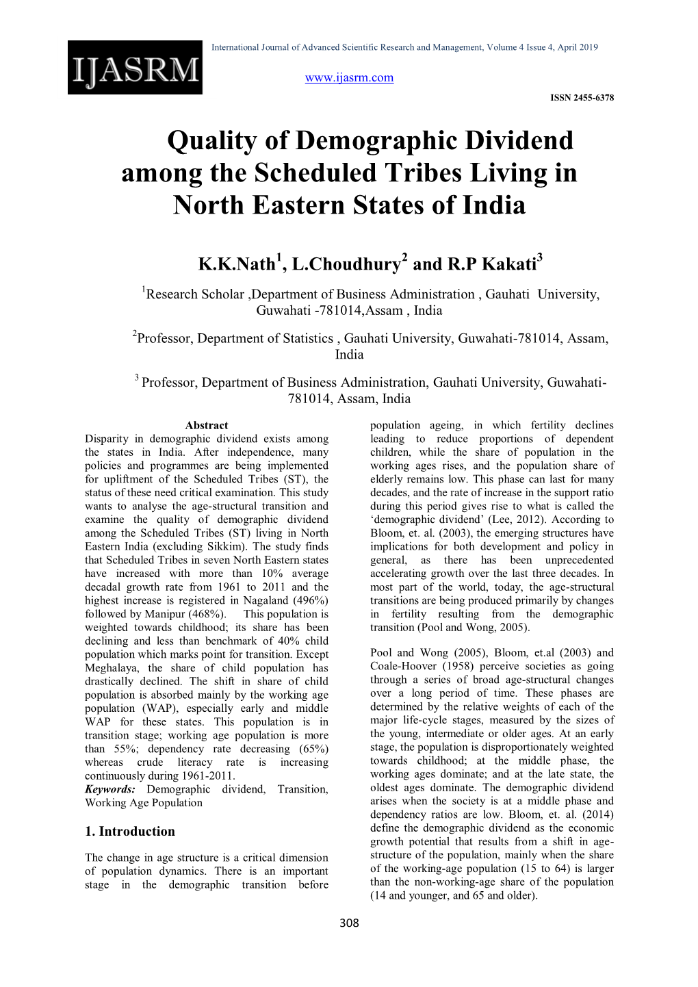 Demographic Dividend Among Scheduled Tribes of North East India