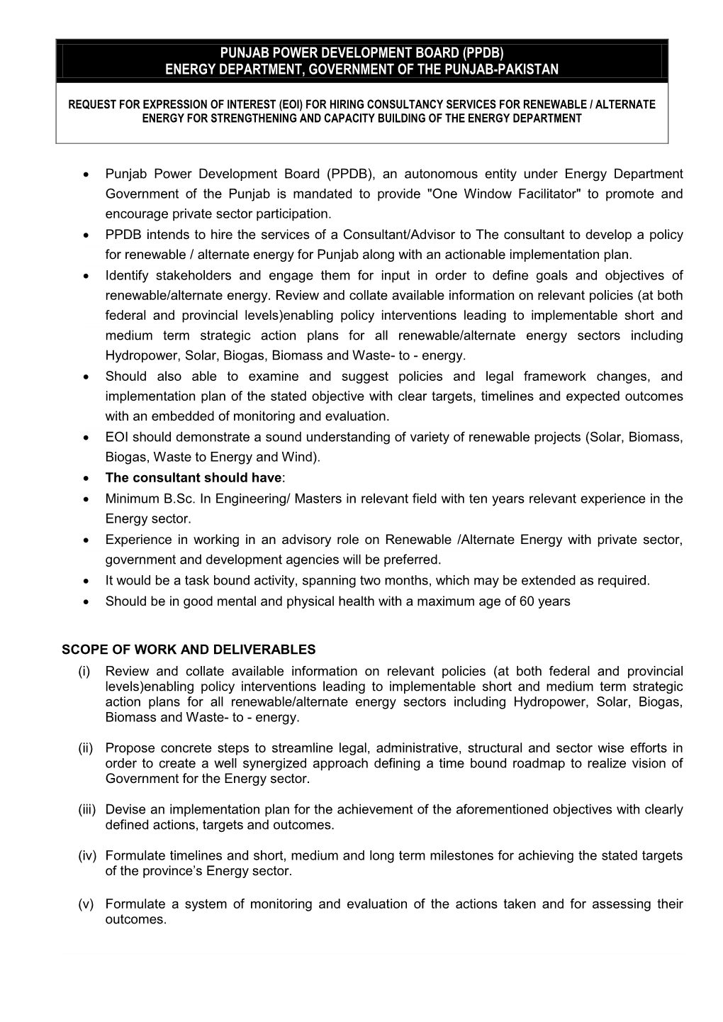 Punjab Power Development Board (Ppdb) Energy Department, Government of the Punjab-Pakistan