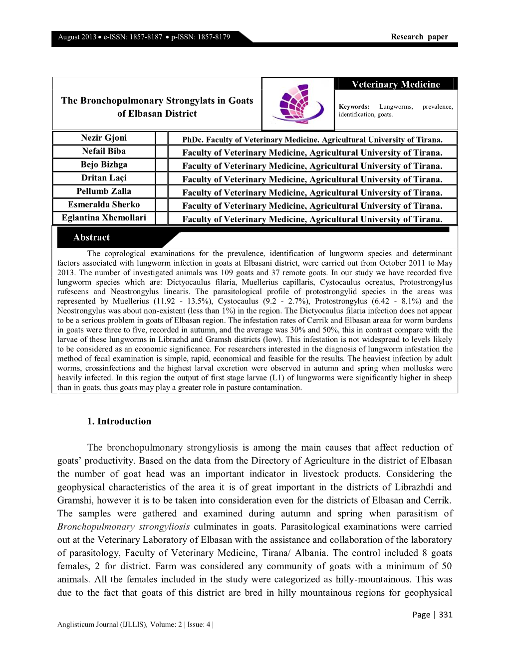 1. Introduction the Bronchopulmonary Strongyliosis Is Among the Main