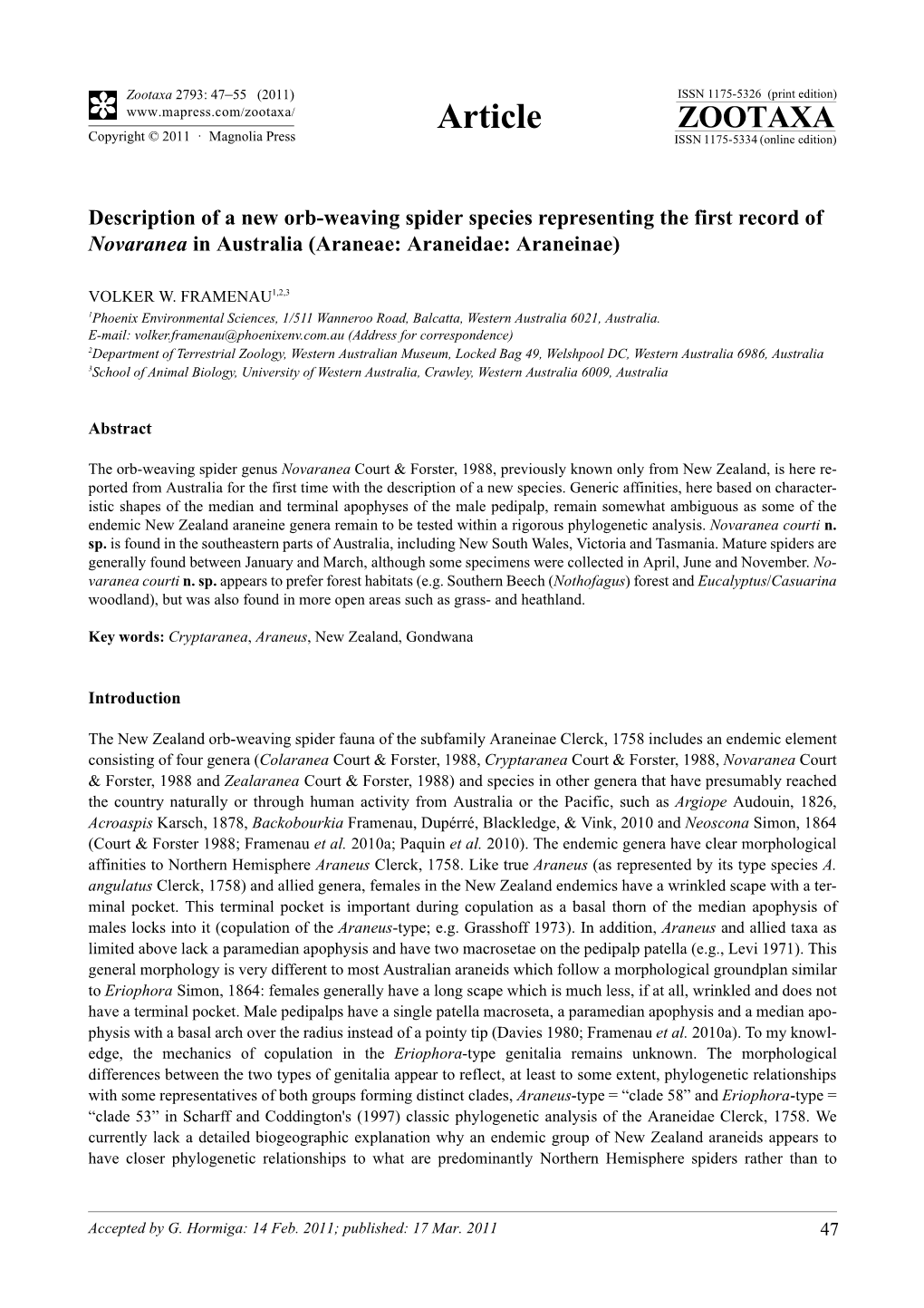 Description of a New Orb-Weaving Spider Species Representing the First Record of Novaranea in Australia (Araneae: Araneidae: Araneinae)