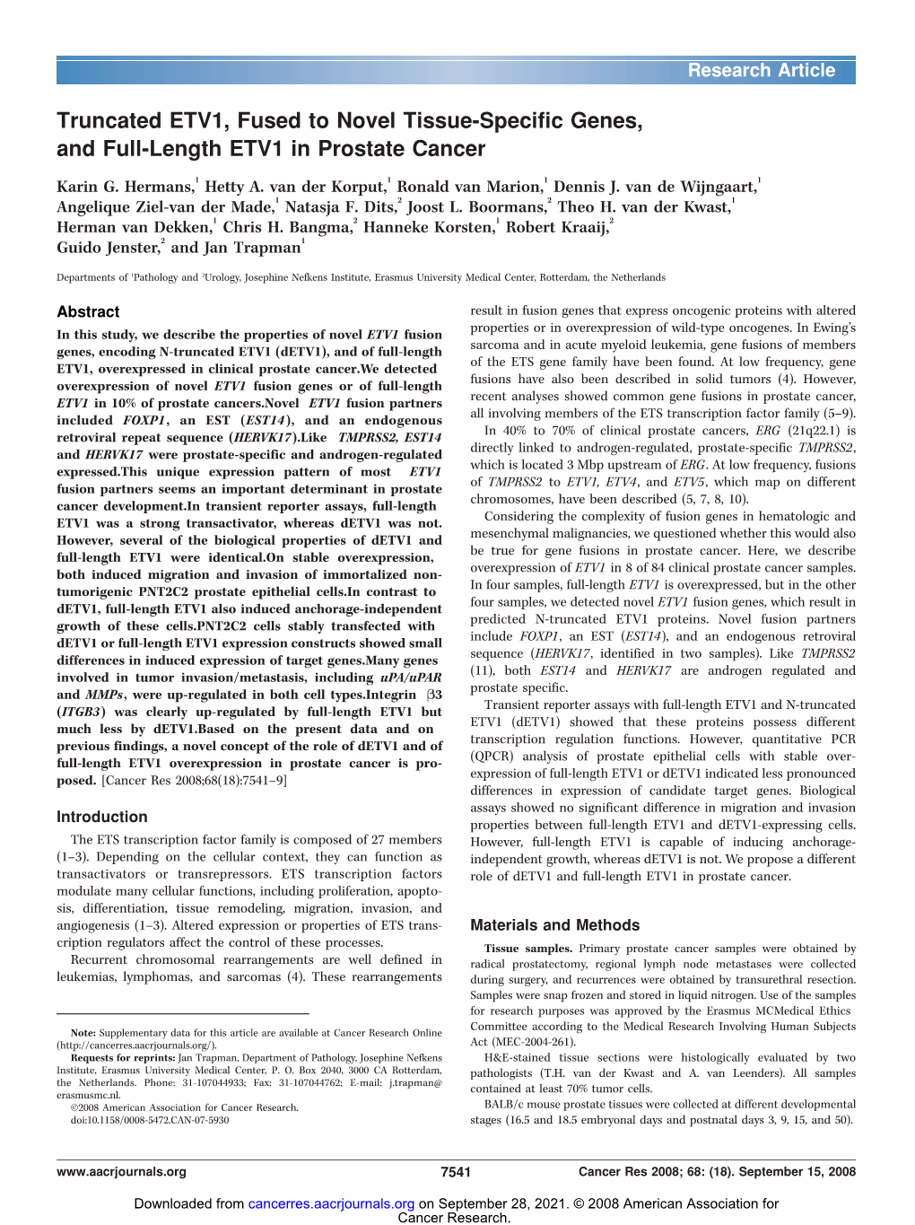 Truncated ETV1, Fused to Novel Tissue-Specific Genes, and Full-Length ETV1 in Prostate Cancer