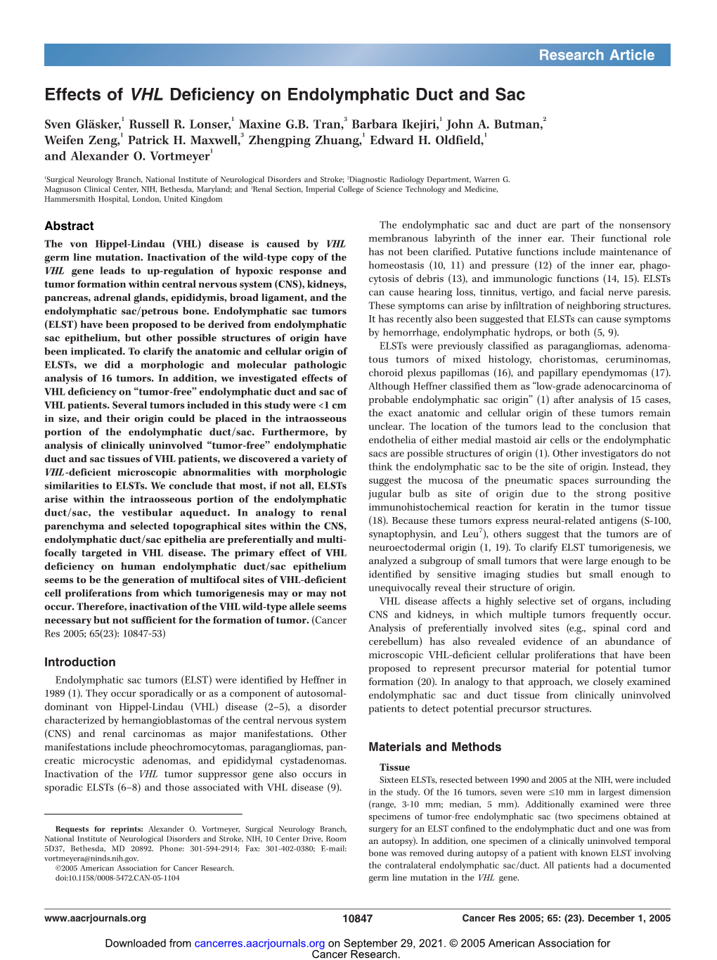 Effects of VHL Deficiency on Endolymphatic Duct and Sac