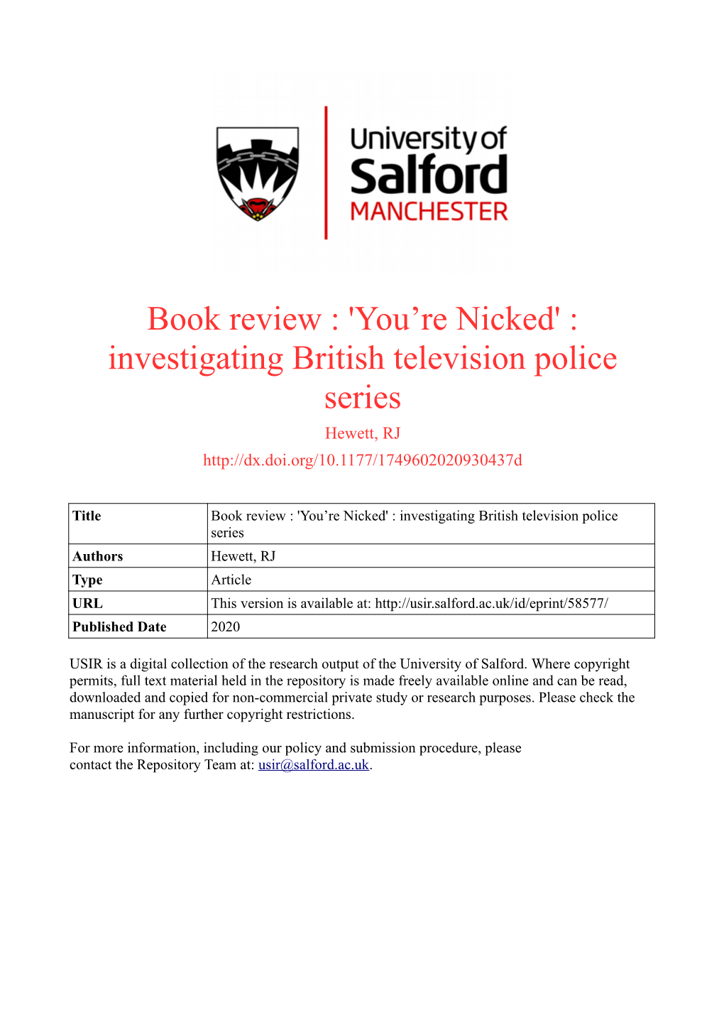 Book Review : 'You're Nicked' : Investigating British Television