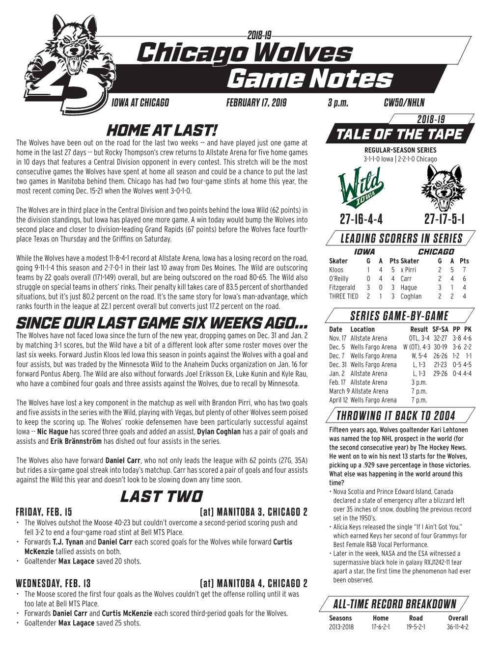 Chicago Wolves Game Notes IOWA at CHICAGO FEBRUARY 17, 2019 3 P.M