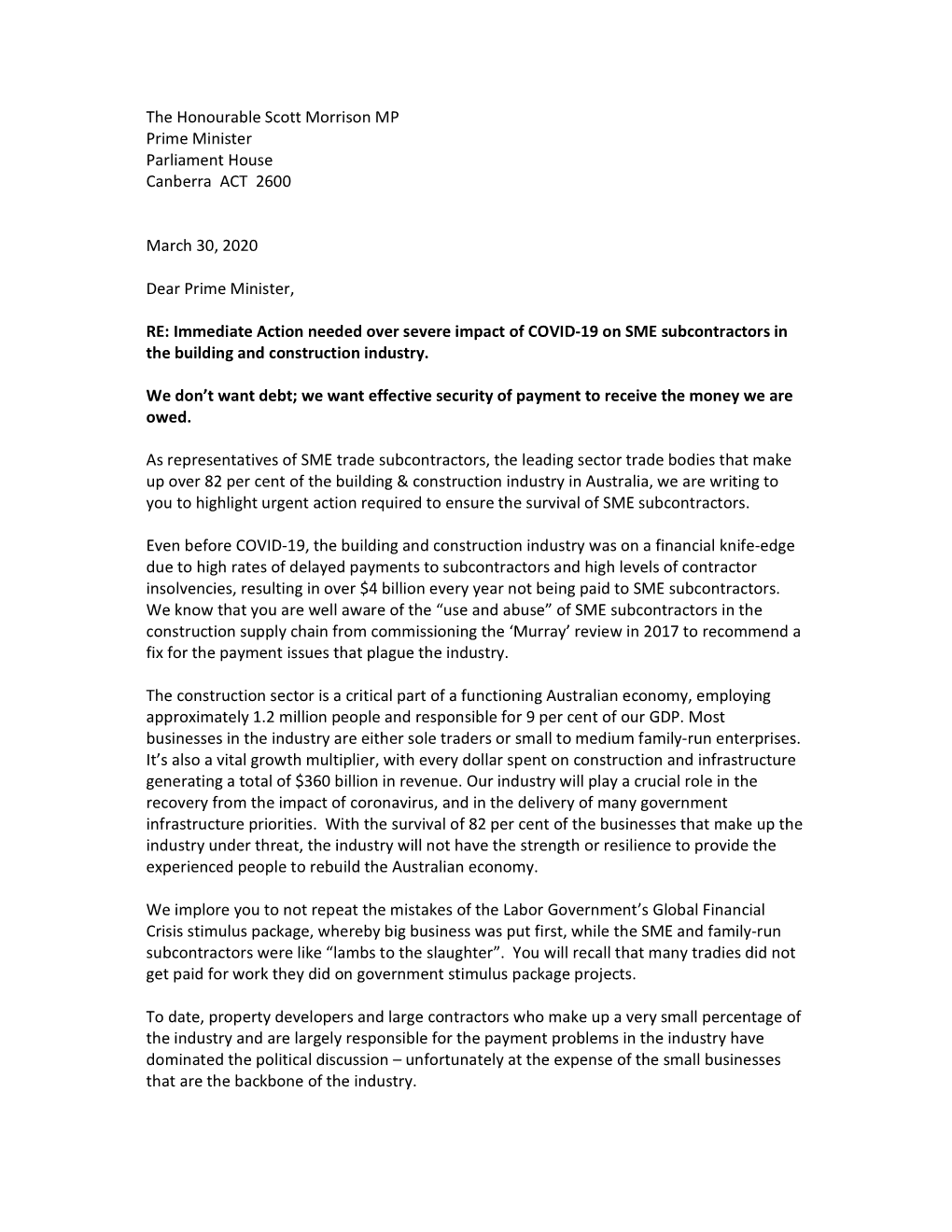 Letter to the PM from the Building and Construction Industry