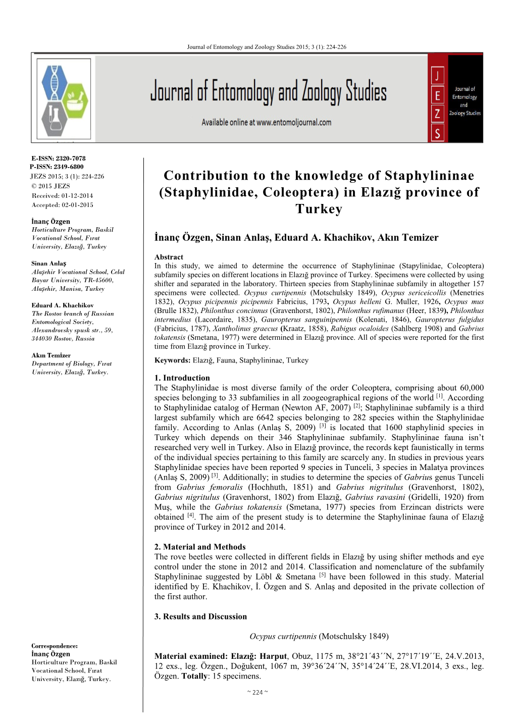 Staphylinidae, Coleoptera) in Elazığ Province Of