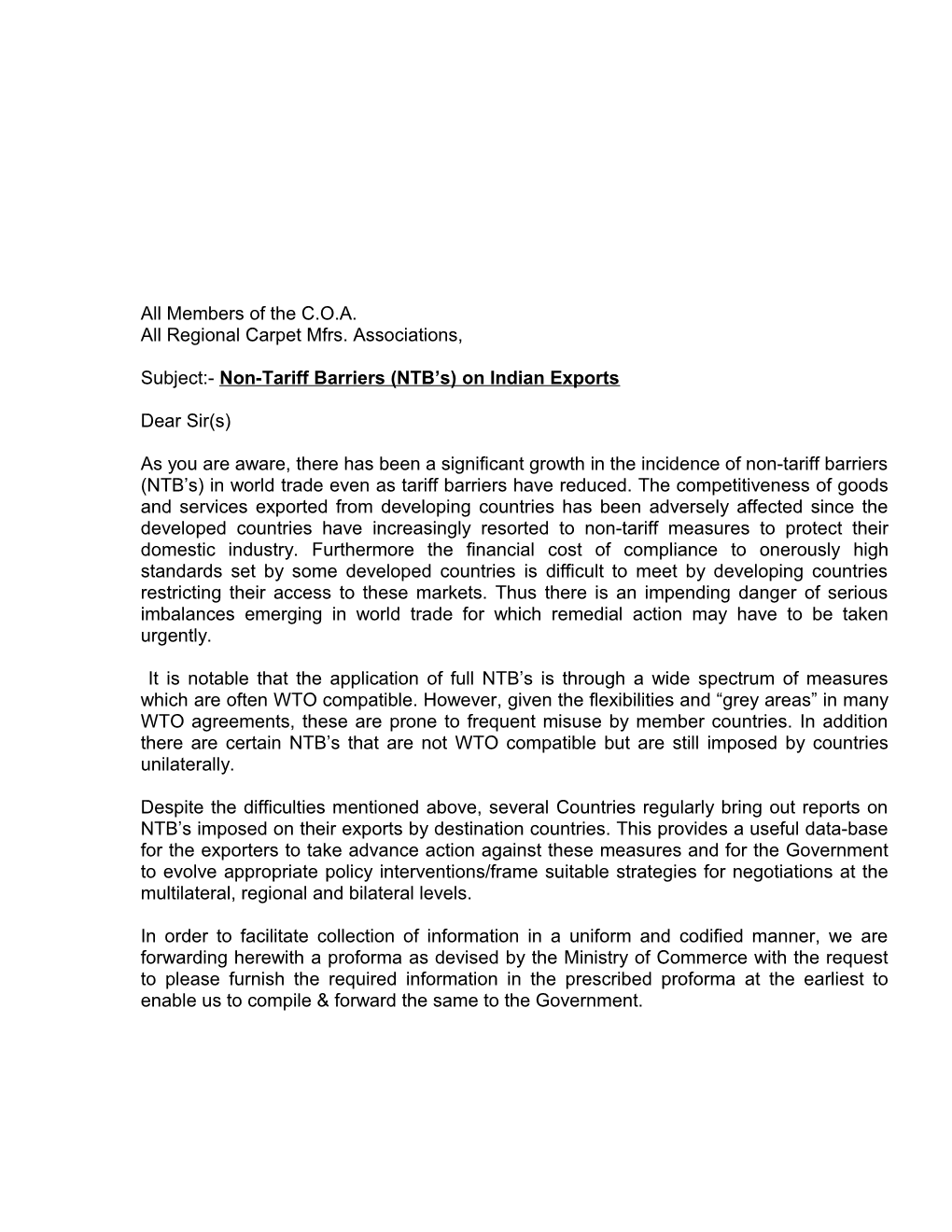 Subject:- Non-Tariff Barriers (NTB S) on Indian Exports