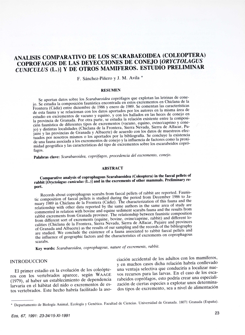 Coleoptera) Coprofagos De Las Deyecciones De Conejo [Oryctolagus Cuniculus (L.)] Y De Otros Mamiferos