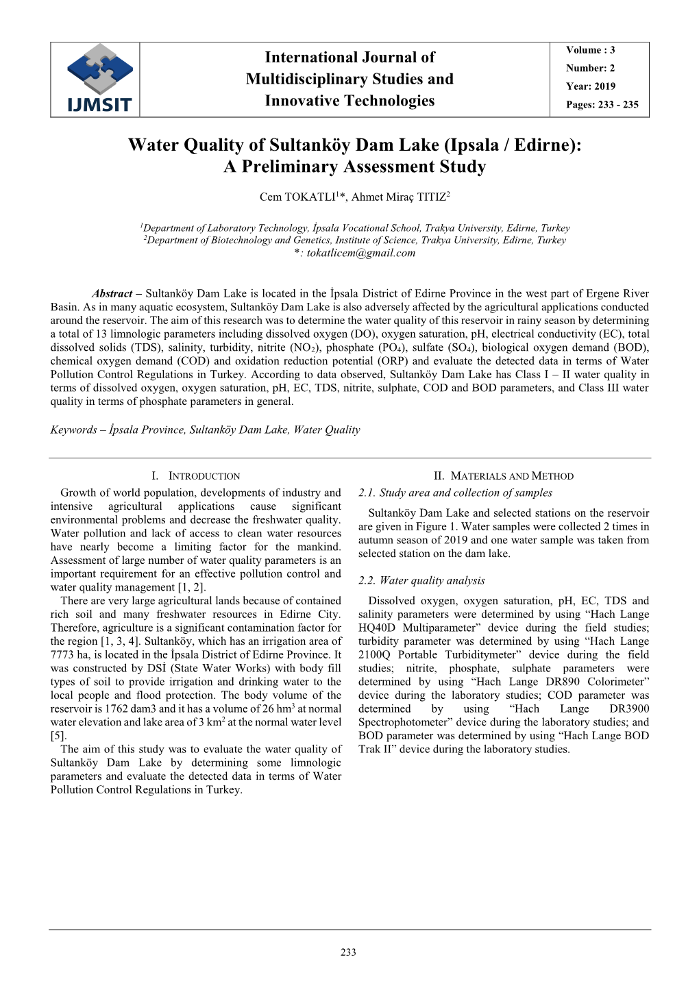 Water Quality of Sultanköy Dam Lake (Ipsala / Edirne): a Preliminary Assessment Study