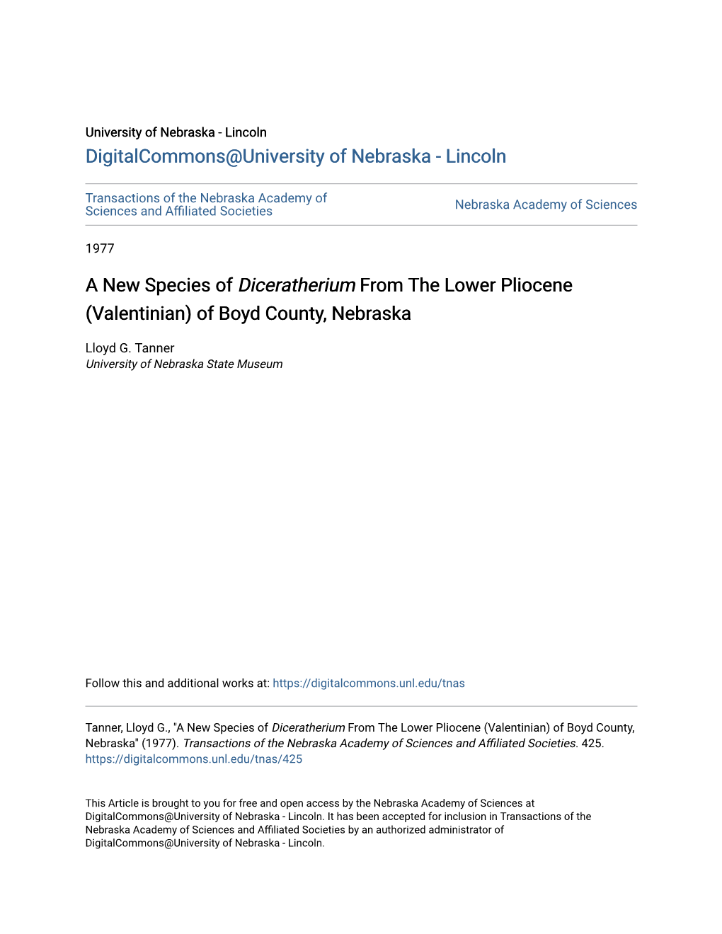 A New Species of Diceratherium from the Lower Pliocene (Valentinian) of Boyd County, Nebraska