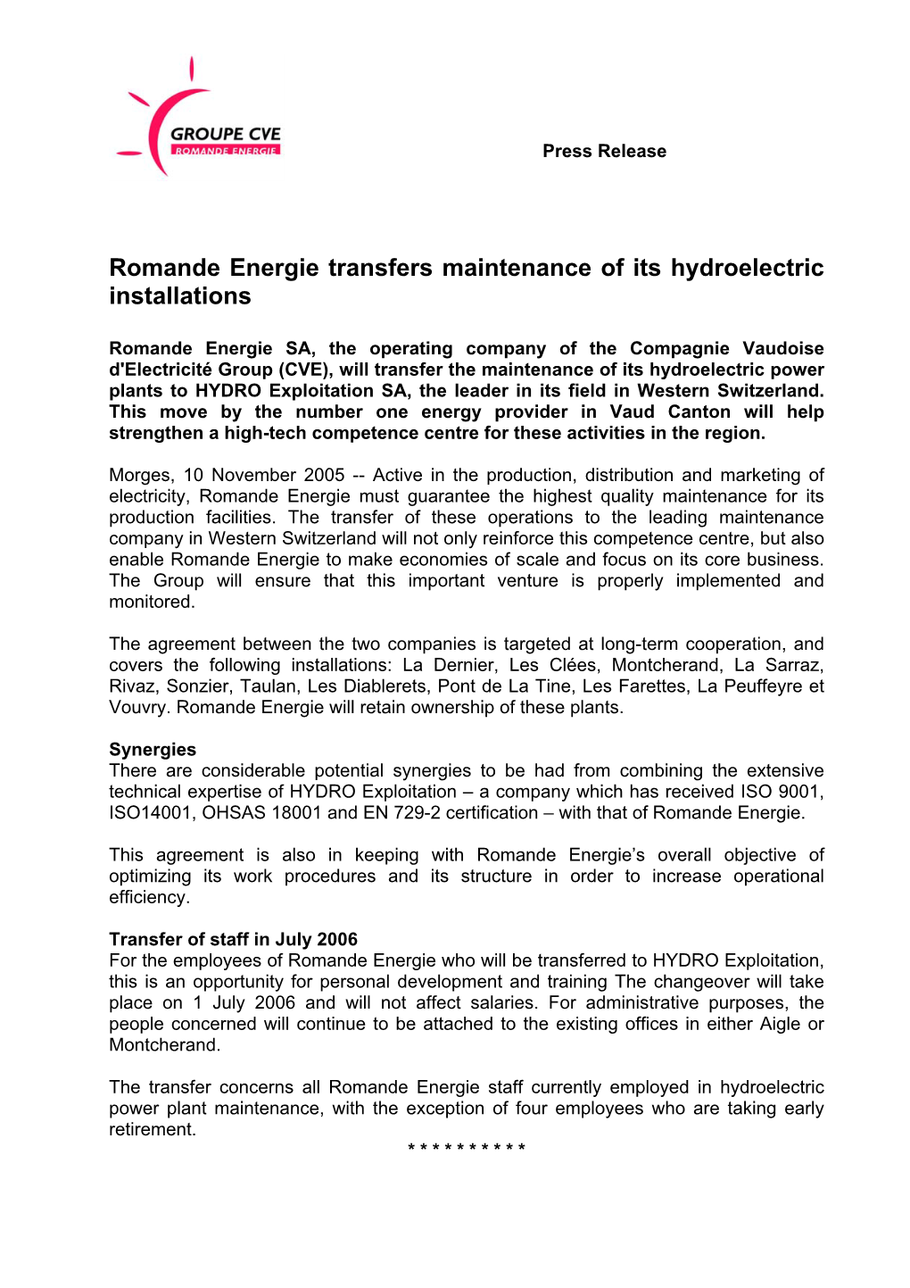 Romande Energie Transfers Maintenance of Its Hydroelectric Installations