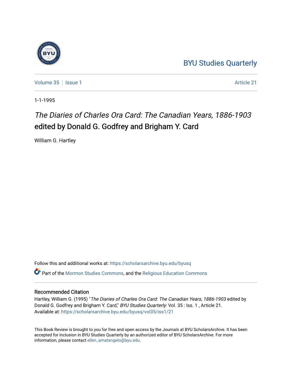 The Diaries of Charles Ora Card: the Canadian Years, 1886-1903 Edited by Donald G