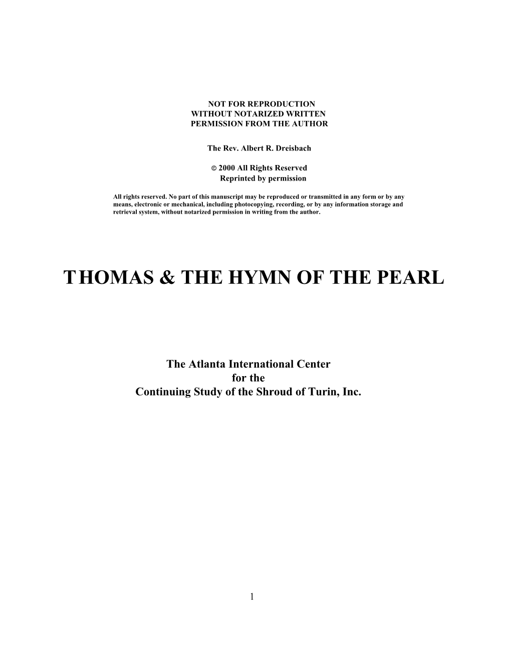 Thomas & the Hymn of the Pearl