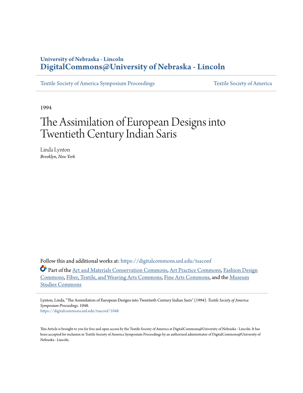 The Assimilation of European Designs Into Twentieth Century Indian Saris Linda Lynton Brooklyn, New York