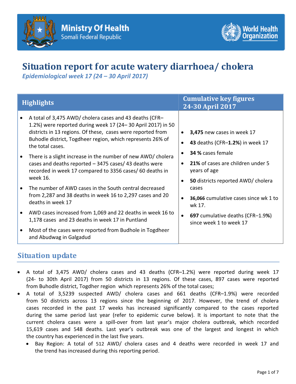 Situation Report for Acute Watery Diarrhoea/ Cholera Epidemiological Week 17 (24 – 30 April 2017)