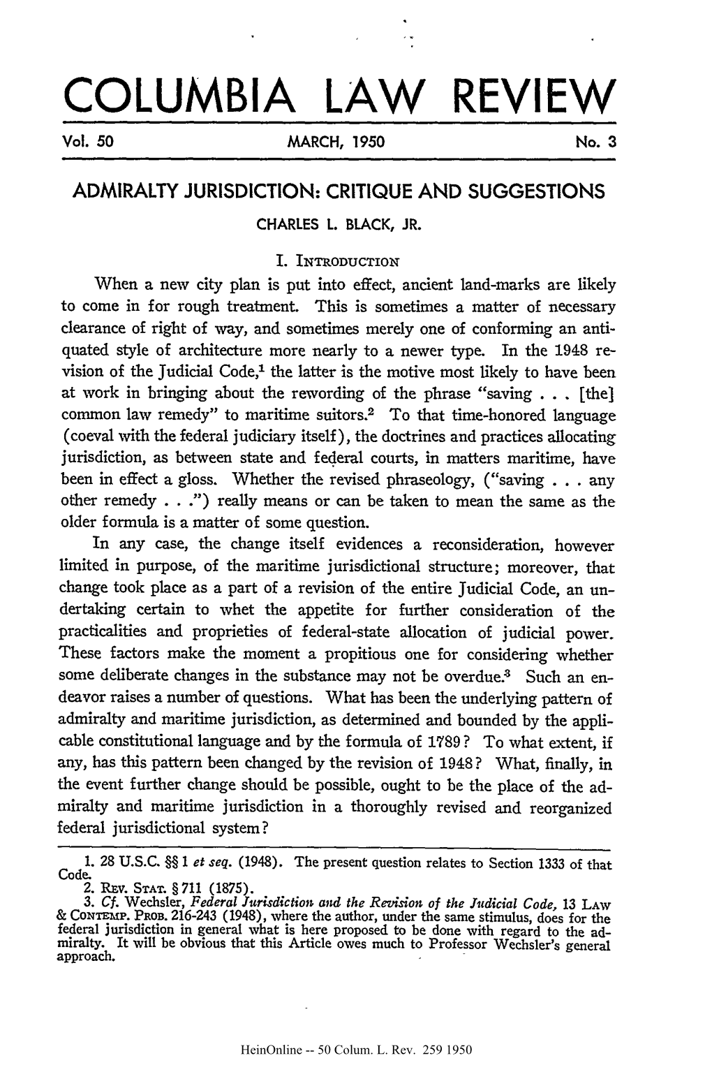 Admiralty Jurisdiction: Critique and Suggestions Charles L