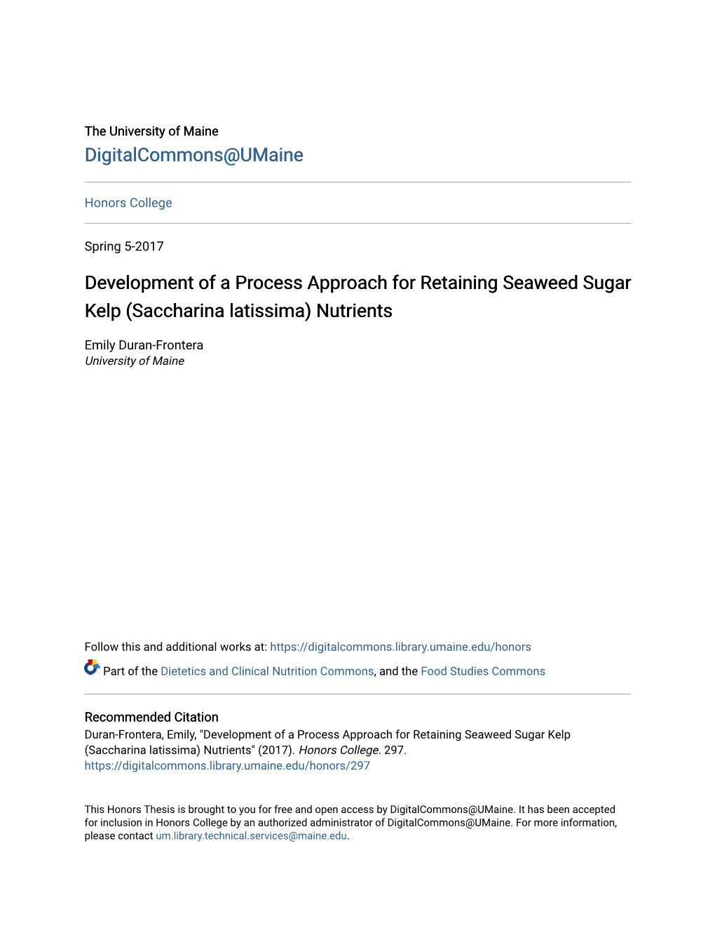 Development of a Process Approach for Retaining Seaweed Sugar Kelp (Saccharina Latissima) Nutrients