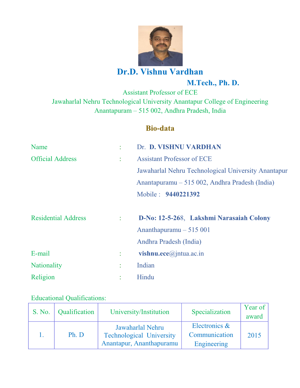 Dr.D. Vishnu Vardhan M.Tech., Ph