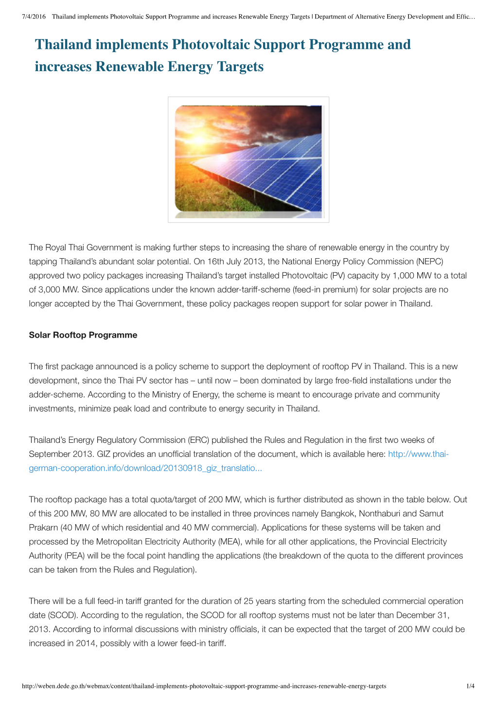 Thailand Implements Photovoltaic Support Programme and Increases Renewable Energy Targets | Department of Alternative Energy Development and Efﬁc…
